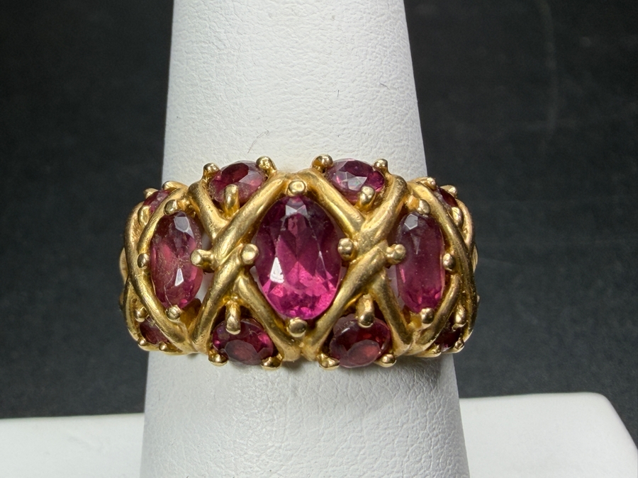 Vintage 14K Yellow Gold Lattice Basketweave X Motif Multi Stone Oval Cut Rhodolite Garnet Statement Ring Signed JBNI Size 7.5 4.3g [Photo 2]
