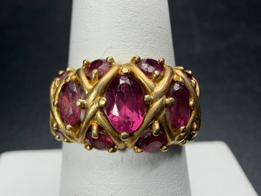 Vintage 14K Yellow Gold Lattice Basketweave X Motif Multi Stone Oval Cut Rhodolite Garnet Statement Ring Signed JBNI Size 7.5 4.3g [Photo 4]
