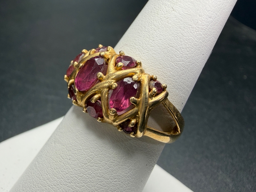 Vintage 14K Yellow Gold Lattice Basketweave X Motif Multi Stone Oval Cut Rhodolite Garnet Statement Ring Signed JBNI Size 7.5 4.3g [Photo 6]