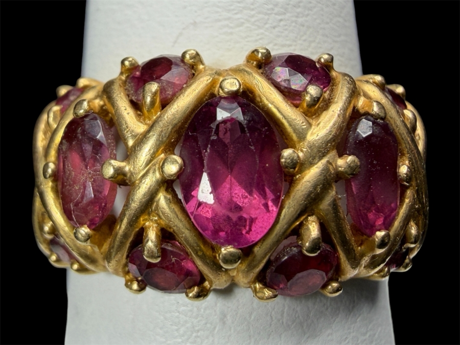 Vintage 14K Yellow Gold Lattice Basketweave X Motif Multi Stone Oval Cut Rhodolite Garnet Statement Ring Signed JBNI Size 7.5 4.3g