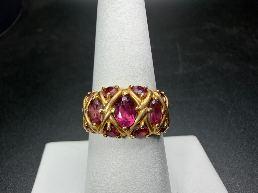Vintage 14K Yellow Gold Lattice Basketweave X Motif Multi Stone Oval Cut Rhodolite Garnet Statement Ring Signed JBNI Size 7.5 4.3g [Photo 3]