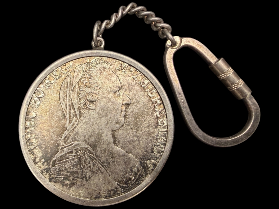 Vintage Austrian Silver 1780 Maria Theresa Thaler Restrike Coin with Sterling Silver Keychain With Heavy Screw Gate Carabiner Clasp 36.1g