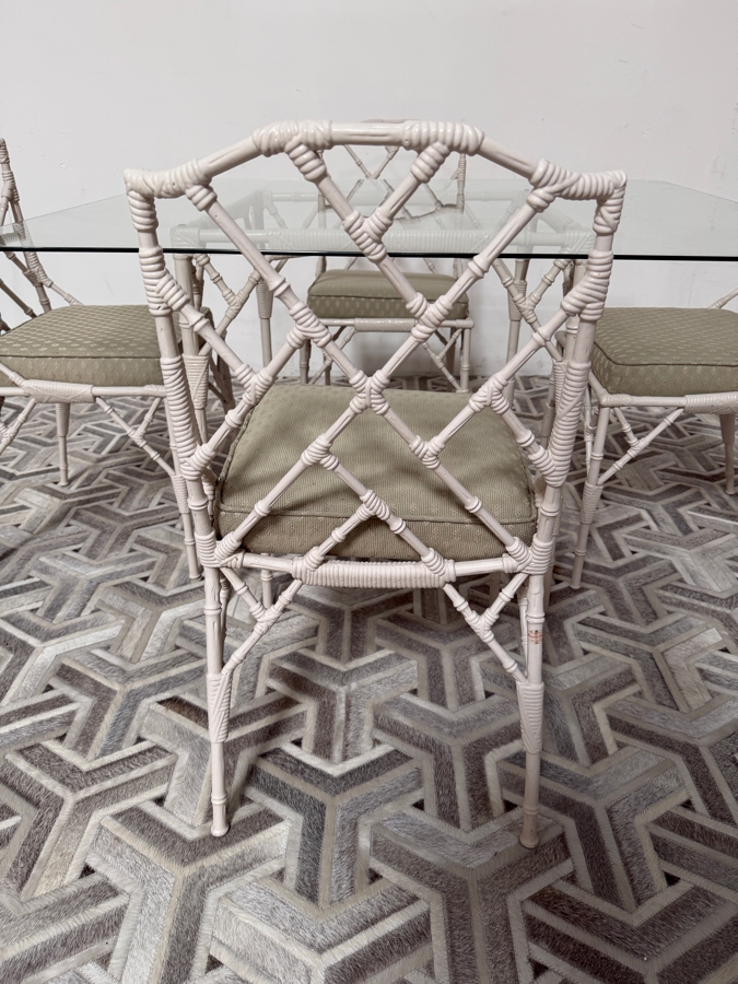 Vintage Hollywood Regency Chinese Chippendale Faux Bamboo Cast Iron Dining Patio Set Phyllis Morris For Kessler Style Table: 50' X 44' X 29' [Photo 3]