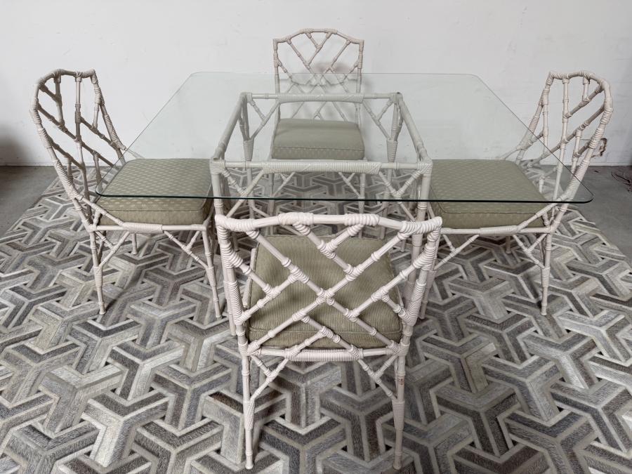Vintage Hollywood Regency Chinese Chippendale Faux Bamboo Cast Iron Dining Patio Set Phyllis Morris For Kessler Style Table: 50' X 44' X 29'