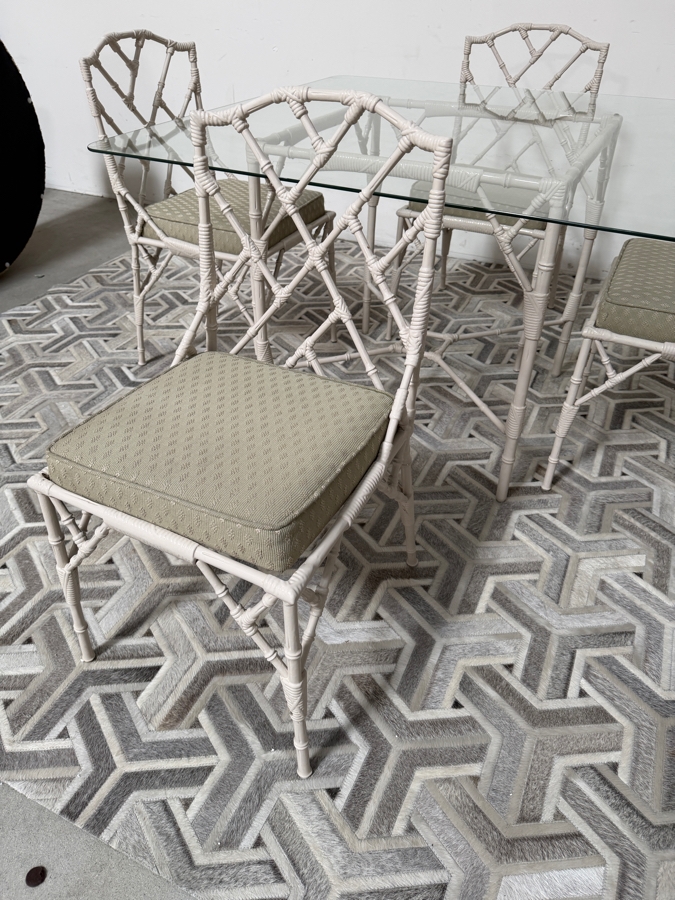 Vintage Hollywood Regency Chinese Chippendale Faux Bamboo Cast Iron Dining Patio Set Phyllis Morris For Kessler Style Table: 50' X 44' X 29' [Photo 6]