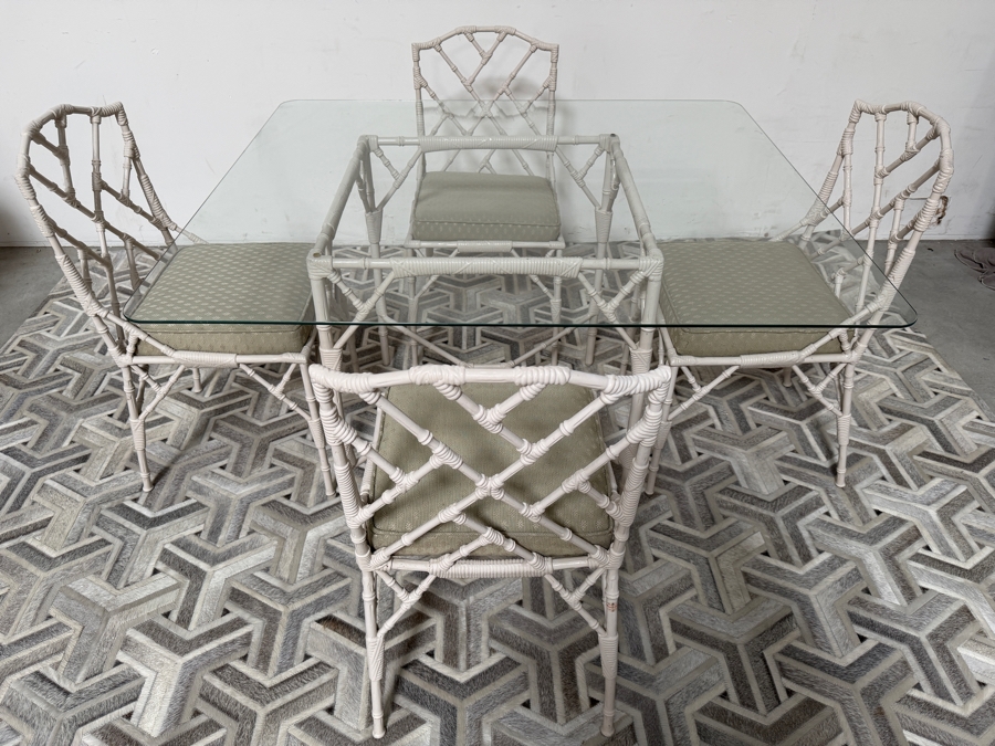 Vintage Hollywood Regency Chinese Chippendale Faux Bamboo Cast Iron Dining Patio Set Phyllis Morris For Kessler Style Table: 50' X 44' X 29' [Photo 2]