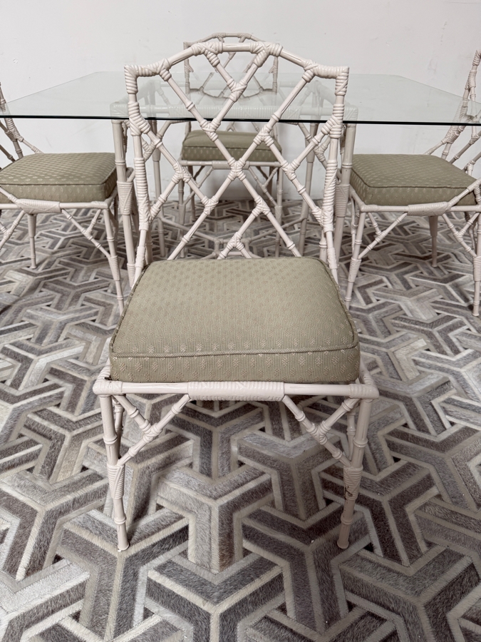 Vintage Hollywood Regency Chinese Chippendale Faux Bamboo Cast Iron Dining Patio Set Phyllis Morris For Kessler Style Table: 50' X 44' X 29' [Photo 5]