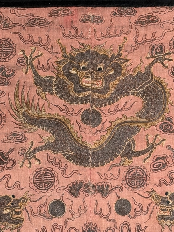 Antique Chinese Late Qing Dynasty Embroidered Silk Dragon Robe Panel Framed Featuring Front Facing Imperial Dragon And Two Profile Dragons Chasing Flaming Pearls 25' X 35' Framed: 31' X 41' [Photo 5]