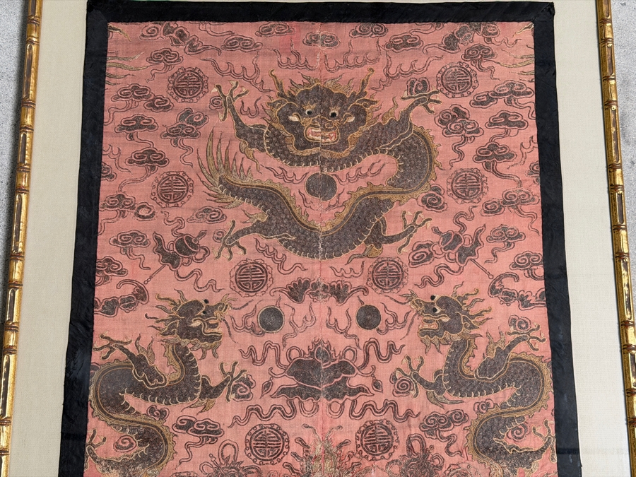 Antique Chinese Late Qing Dynasty Embroidered Silk Dragon Robe Panel Framed Featuring Front Facing Imperial Dragon And Two Profile Dragons Chasing Flaming Pearls 25' X 35' Framed: 31' X 41' [Photo 6]