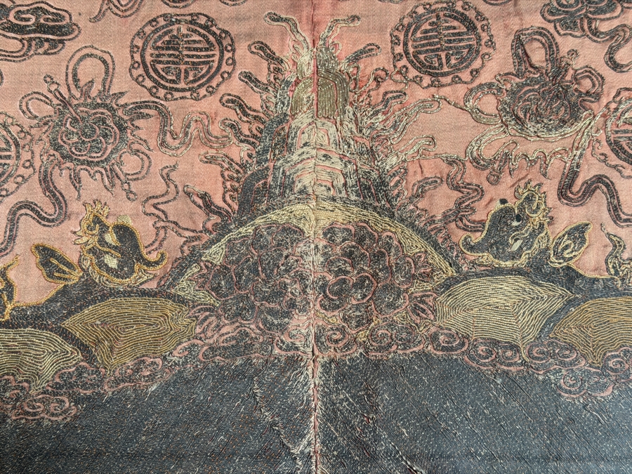 Antique Chinese Late Qing Dynasty Embroidered Silk Dragon Robe Panel Framed Featuring Front Facing Imperial Dragon And Two Profile Dragons Chasing Flaming Pearls 25' X 35' Framed: 31' X 41' [Photo 9]