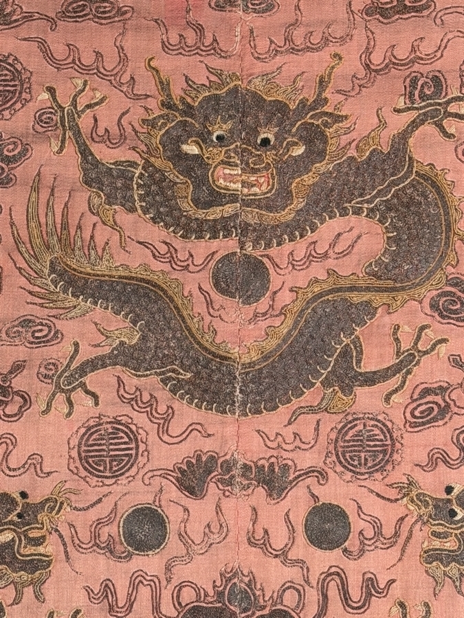 Antique Chinese Late Qing Dynasty Embroidered Silk Dragon Robe Panel Framed Featuring Front Facing Imperial Dragon And Two Profile Dragons Chasing Flaming Pearls 25' X 35' Framed: 31' X 41' [Photo 4]