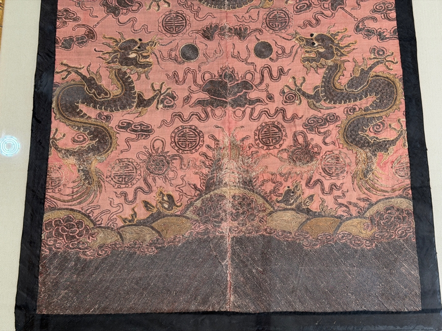 Antique Chinese Late Qing Dynasty Embroidered Silk Dragon Robe Panel Framed Featuring Front Facing Imperial Dragon And Two Profile Dragons Chasing Flaming Pearls 25' X 35' Framed: 31' X 41' [Photo 8]