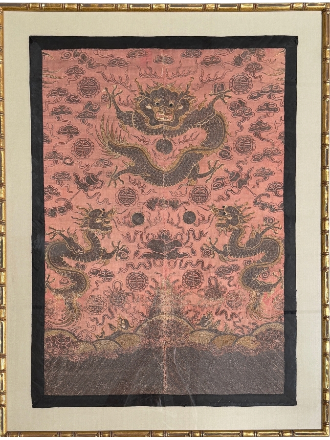 Antique Chinese Late Qing Dynasty Embroidered Silk Dragon Robe Panel Framed Featuring Front Facing Imperial Dragon And Two Profile Dragons Chasing Flaming Pearls 25' X 35' Framed: 31' X 41'