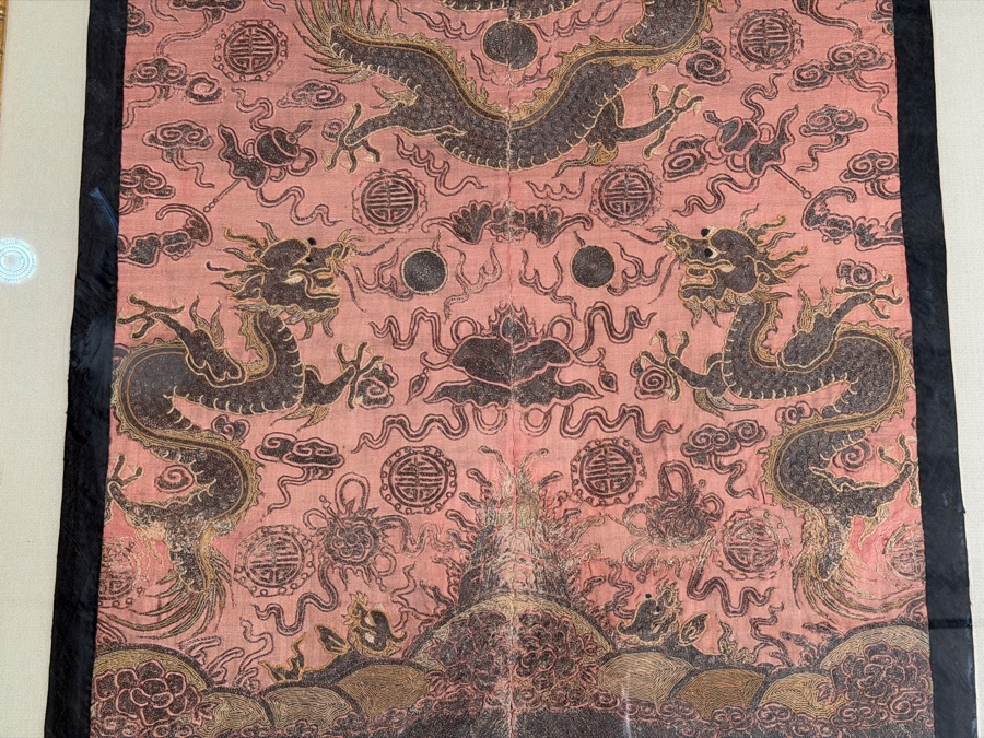 Antique Chinese Late Qing Dynasty Embroidered Silk Dragon Robe Panel Framed Featuring Front Facing Imperial Dragon And Two Profile Dragons Chasing Flaming Pearls 25' X 35' Framed: 31' X 41' [Photo 7]