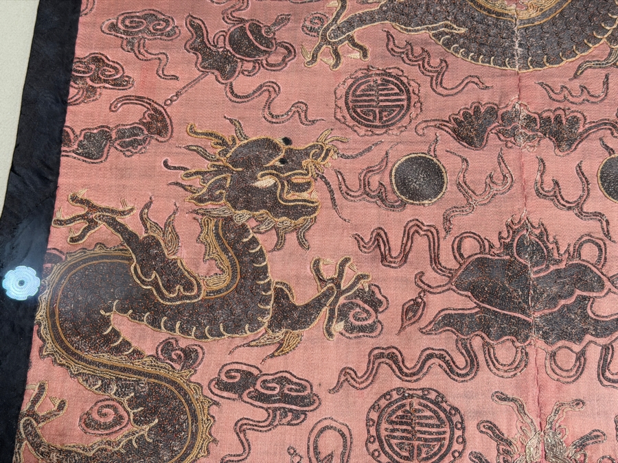 Antique Chinese Late Qing Dynasty Embroidered Silk Dragon Robe Panel Framed Featuring Front Facing Imperial Dragon And Two Profile Dragons Chasing Flaming Pearls 25' X 35' Framed: 31' X 41' [Photo 10]