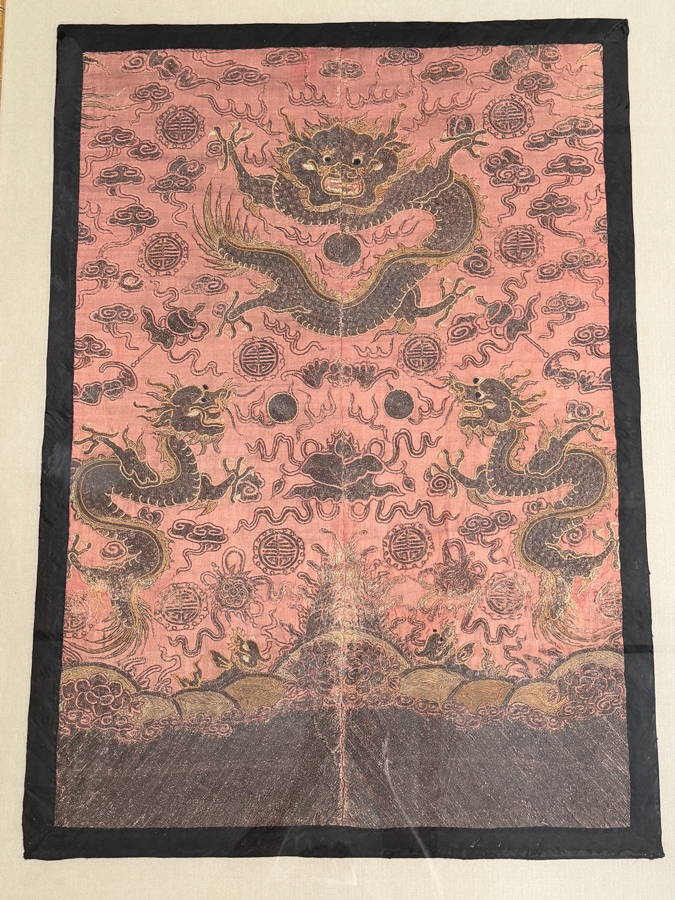 Antique Chinese Late Qing Dynasty Embroidered Silk Dragon Robe Panel Framed Featuring Front Facing Imperial Dragon And Two Profile Dragons Chasing Flaming Pearls 25' X 35' Framed: 31' X 41' [Photo 2]
