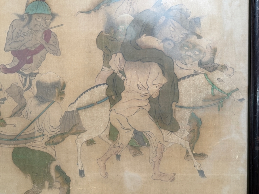 Antique Edo Period Japanese Silk Scroll Painting Depicting a Scene with Mythological Figures Signed Upper Left Framed 40 X 32 - See Photos [Photo 14]