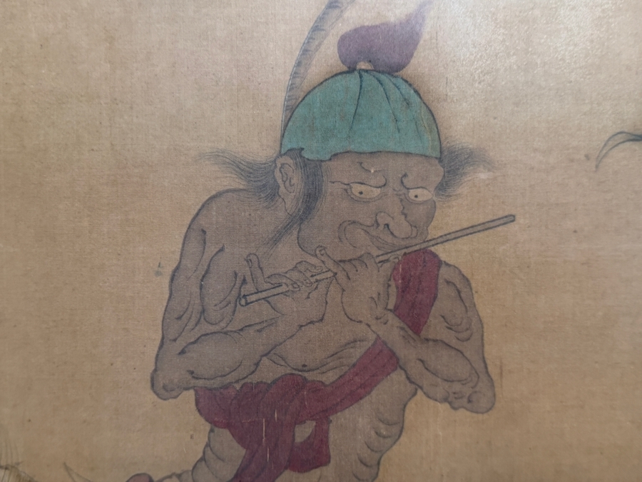 Antique Edo Period Japanese Silk Scroll Painting Depicting a Scene with Mythological Figures Signed Upper Left Framed 40 X 32 - See Photos [Photo 13]