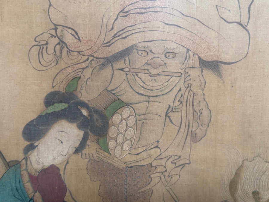 Antique Edo Period Japanese Silk Scroll Painting Depicting a Scene with Mythological Figures Signed Upper Left Framed 40 X 32 - See Photos [Photo 9]