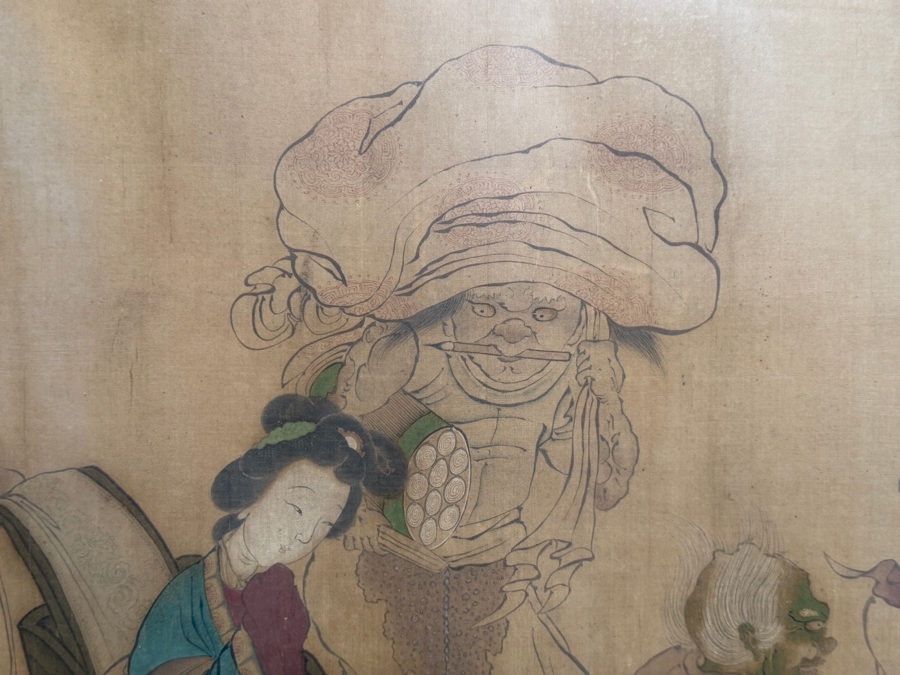 Antique Edo Period Japanese Silk Scroll Painting Depicting a Scene with Mythological Figures Signed Upper Left Framed 40 X 32 - See Photos [Photo 8]