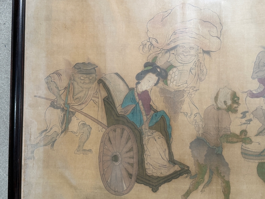 Antique Edo Period Japanese Silk Scroll Painting Depicting a Scene with Mythological Figures Signed Upper Left Framed 40 X 32 - See Photos [Photo 3]