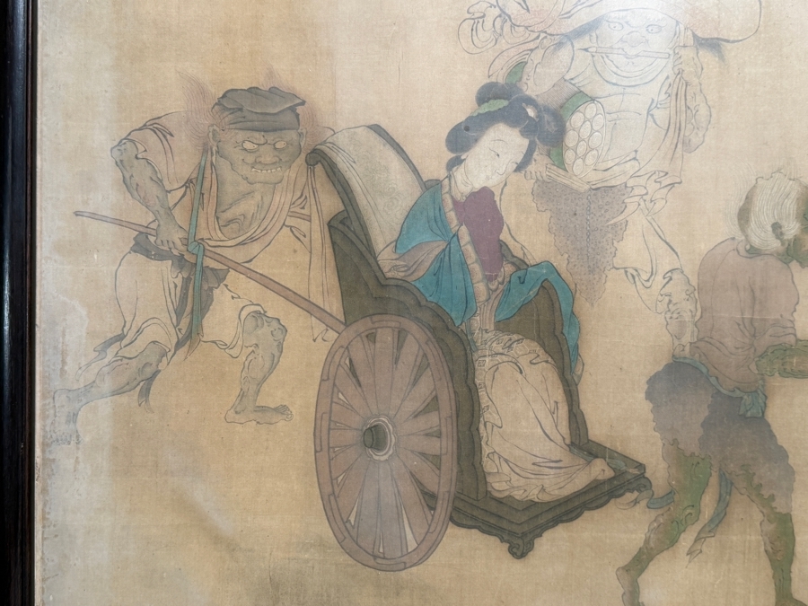 Antique Edo Period Japanese Silk Scroll Painting Depicting a Scene with Mythological Figures Signed Upper Left Framed 40 X 32 - See Photos [Photo 4]
