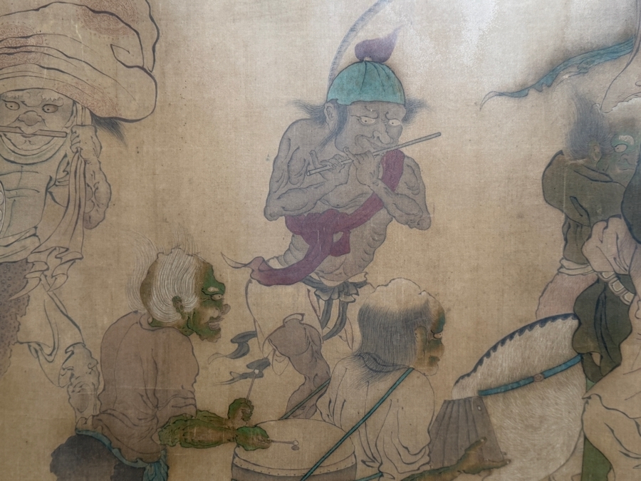 Antique Edo Period Japanese Silk Scroll Painting Depicting a Scene with Mythological Figures Signed Upper Left Framed 40 X 32 - See Photos [Photo 12]