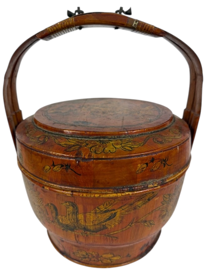 Antique Chinese Hand Painted Lacquer Coiled Bamboo Stacking Wedding Basket With Gilt Pheasant And Peonies Foliage Motif And Base Ink Inscriptions And Mark 12'W X 14'H