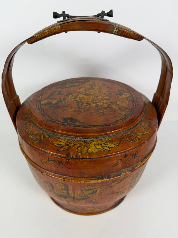 Antique Chinese Hand Painted Lacquer Coiled Bamboo Stacking Wedding Basket With Gilt Pheasant And Peonies Foliage Motif And Base Ink Inscriptions And Mark 12'W X 14'H [Photo 17]