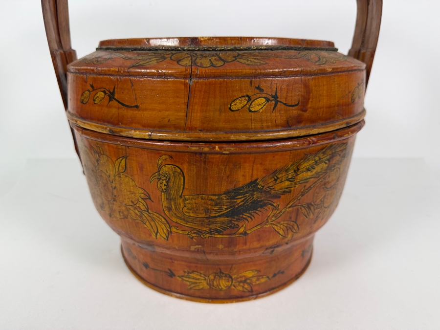 Antique Chinese Hand Painted Lacquer Coiled Bamboo Stacking Wedding Basket With Gilt Pheasant And Peonies Foliage Motif And Base Ink Inscriptions And Mark 12'W X 14'H [Photo 8]