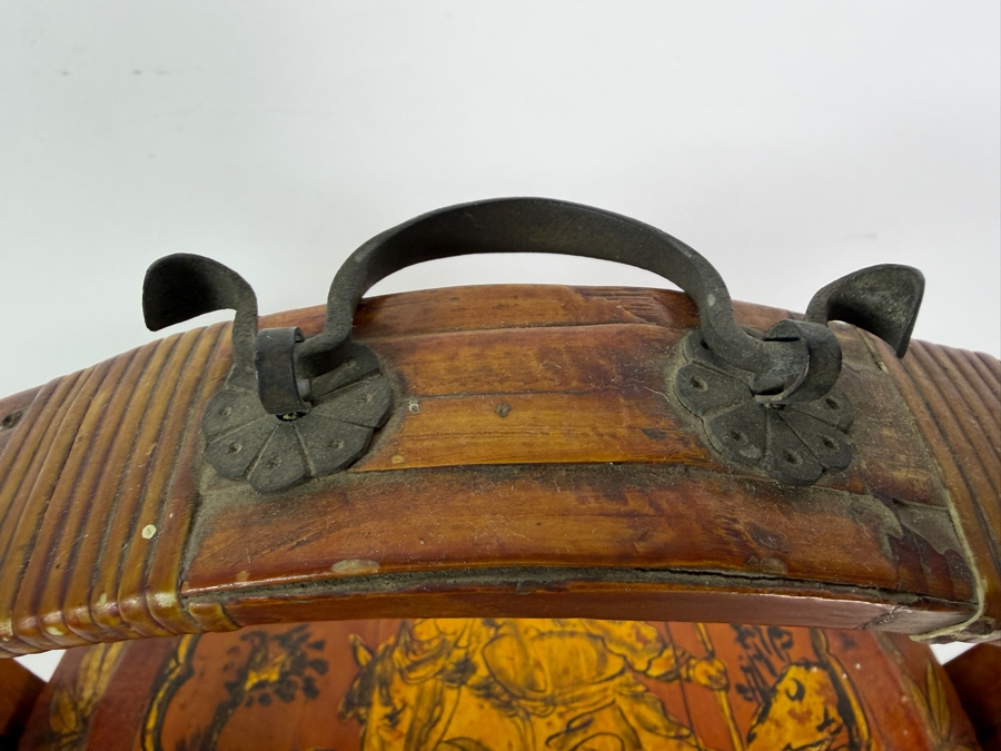 Antique Chinese Hand Painted Lacquer Coiled Bamboo Stacking Wedding Basket With Gilt Pheasant And Peonies Foliage Motif And Base Ink Inscriptions And Mark 12'W X 14'H [Photo 4]