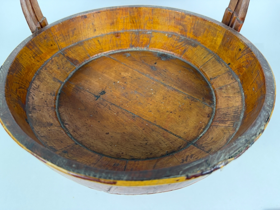 Antique Chinese Hand Painted Lacquer Coiled Bamboo Stacking Wedding Basket With Gilt Pheasant And Peonies Foliage Motif And Base Ink Inscriptions And Mark 12'W X 14'H [Photo 10]