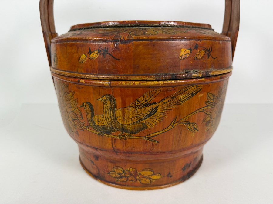 Antique Chinese Hand Painted Lacquer Coiled Bamboo Stacking Wedding Basket With Gilt Pheasant And Peonies Foliage Motif And Base Ink Inscriptions And Mark 12'W X 14'H [Photo 11]