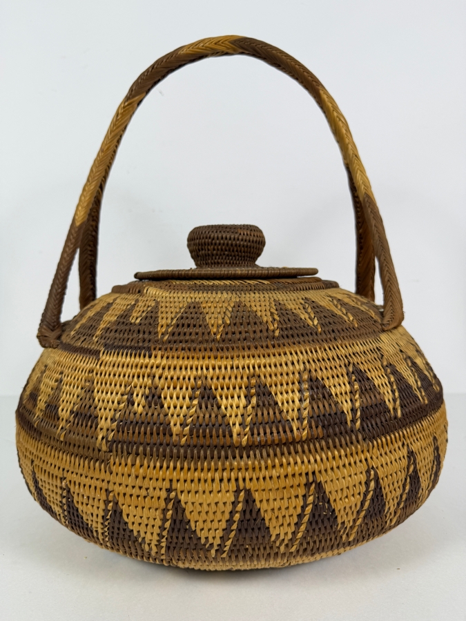 Vintage Papua New Guinea Buka Island Tight Coiled Split Cane Lidded Basket Featuring Geometric Chevron Patterns And Arched Handle 14'W X 17'H [Photo 2]