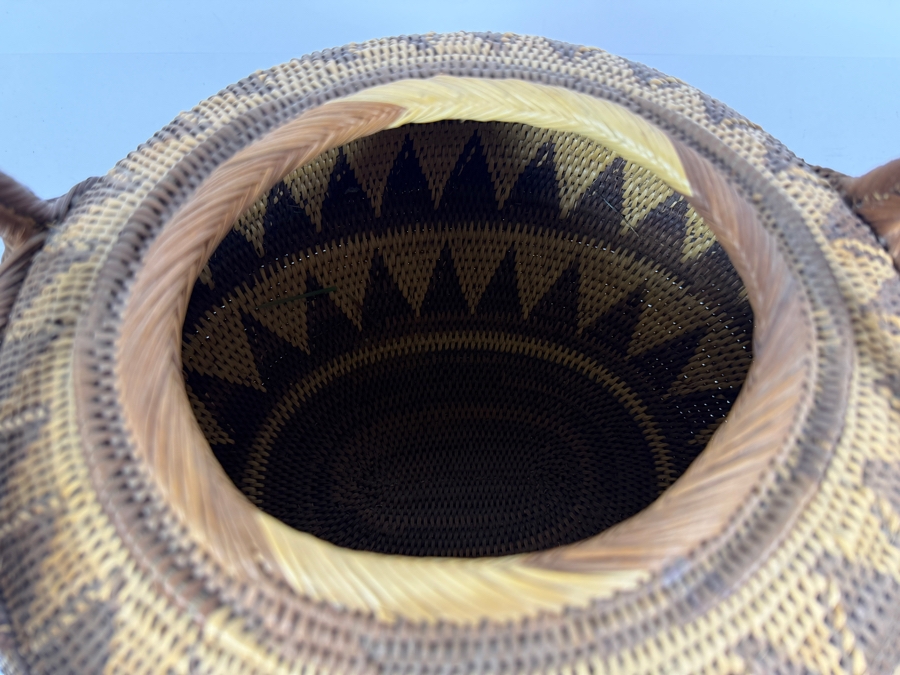 Vintage Papua New Guinea Buka Island Tight Coiled Split Cane Lidded Basket Featuring Geometric Chevron Patterns And Arched Handle 14'W X 17'H [Photo 8]