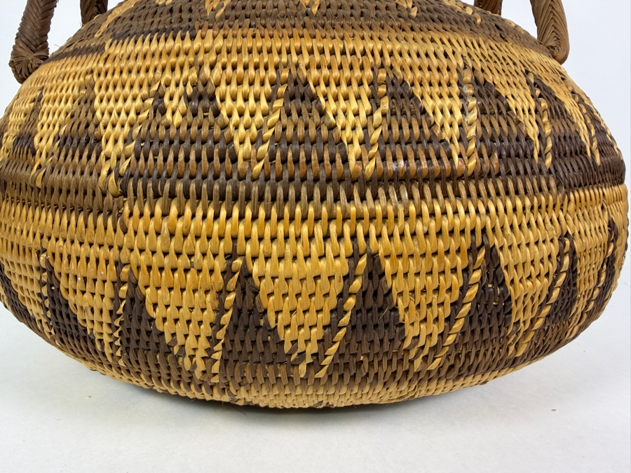 Vintage Papua New Guinea Buka Island Tight Coiled Split Cane Lidded Basket Featuring Geometric Chevron Patterns And Arched Handle 14'W X 17'H [Photo 4]