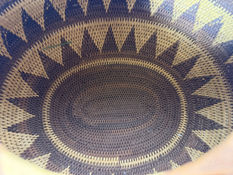 Vintage Papua New Guinea Buka Island Tight Coiled Split Cane Lidded Basket Featuring Geometric Chevron Patterns And Arched Handle 14'W X 17'H [Photo 9]