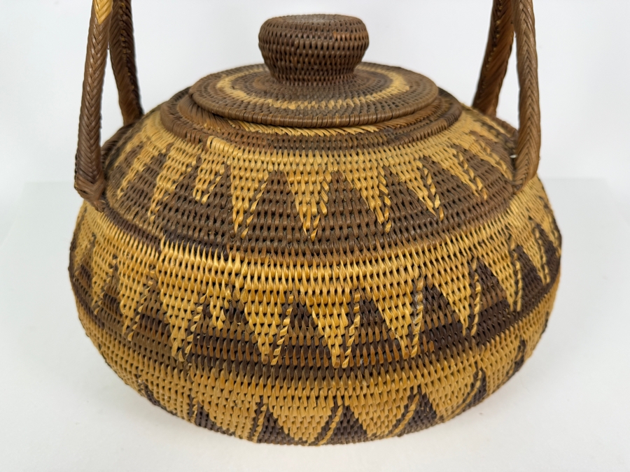 Vintage Papua New Guinea Buka Island Tight Coiled Split Cane Lidded Basket Featuring Geometric Chevron Patterns And Arched Handle 14'W X 17'H [Photo 3]