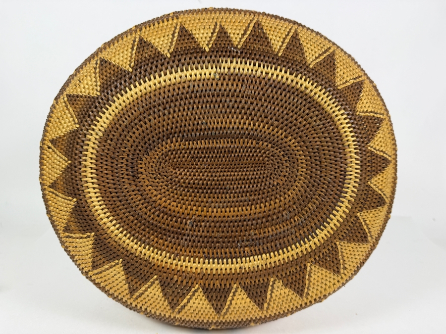 Vintage Papua New Guinea Buka Island Tight Coiled Split Cane Lidded Basket Featuring Geometric Chevron Patterns And Arched Handle 14'W X 17'H [Photo 7]