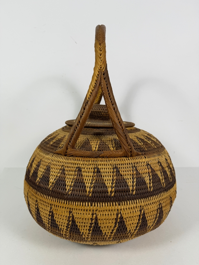 Vintage Papua New Guinea Buka Island Tight Coiled Split Cane Lidded Basket Featuring Geometric Chevron Patterns And Arched Handle 14'W X 17'H [Photo 6]