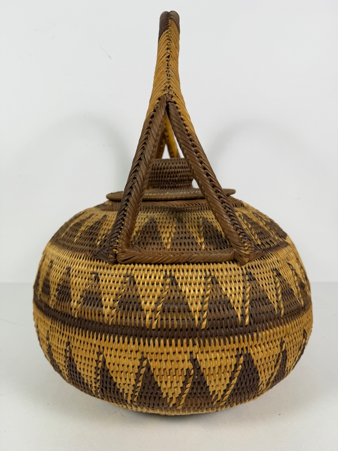Vintage Papua New Guinea Buka Island Tight Coiled Split Cane Lidded Basket Featuring Geometric Chevron Patterns And Arched Handle 14'W X 17'H [Photo 5]