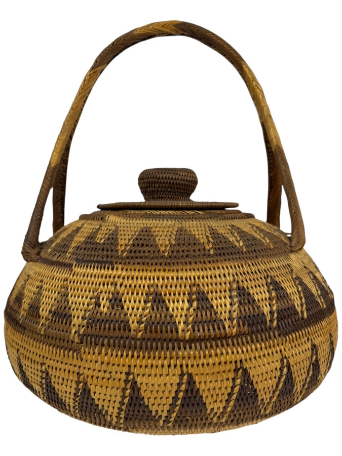 Vintage Papua New Guinea Buka Island Tight Coiled Split Cane Lidded Basket Featuring Geometric Chevron Patterns And Arched Handle 14'W X 17'H