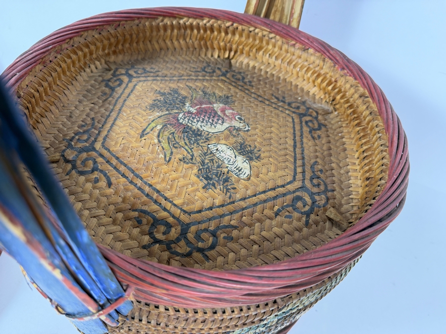 Antique Peranakan Straits Chinese Woven Bamboo Straw Tiffin Wedding Basket Featuring Hand Painted Phoenix And Peonies Motif 13.5'W X 19'H [Photo 13]
