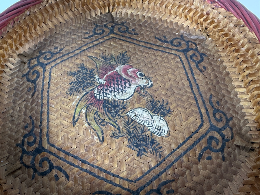 Antique Peranakan Straits Chinese Woven Bamboo Straw Tiffin Wedding Basket Featuring Hand Painted Phoenix And Peonies Motif 13.5'W X 19'H [Photo 14]