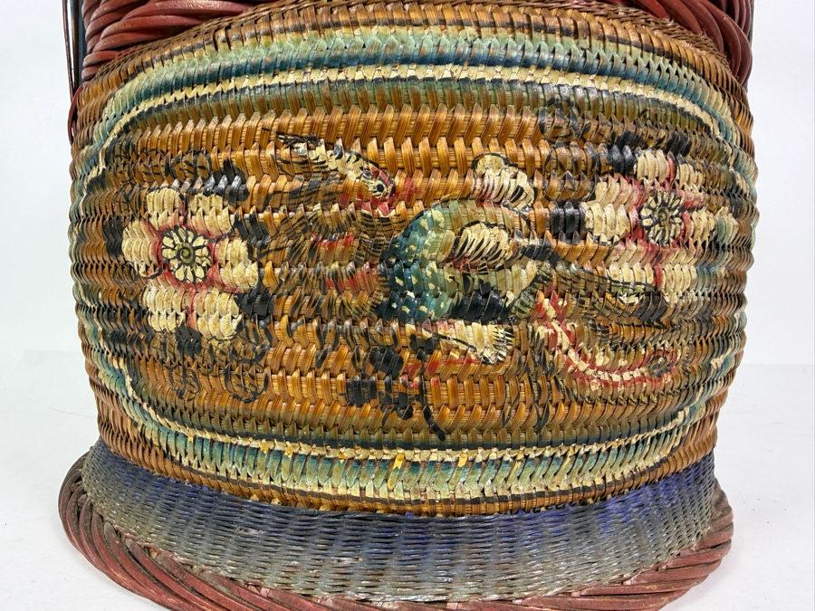 Antique Peranakan Straits Chinese Woven Bamboo Straw Tiffin Wedding Basket Featuring Hand Painted Phoenix And Peonies Motif 13.5'W X 19'H [Photo 3]