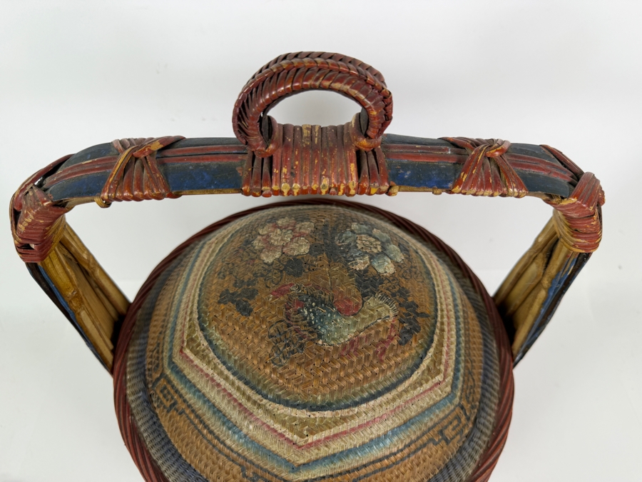 Antique Peranakan Straits Chinese Woven Bamboo Straw Tiffin Wedding Basket Featuring Hand Painted Phoenix And Peonies Motif 13.5'W X 19'H [Photo 9]