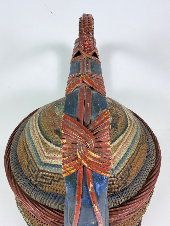 Antique Peranakan Straits Chinese Woven Bamboo Straw Tiffin Wedding Basket Featuring Hand Painted Phoenix And Peonies Motif 13.5'W X 19'H [Photo 11]