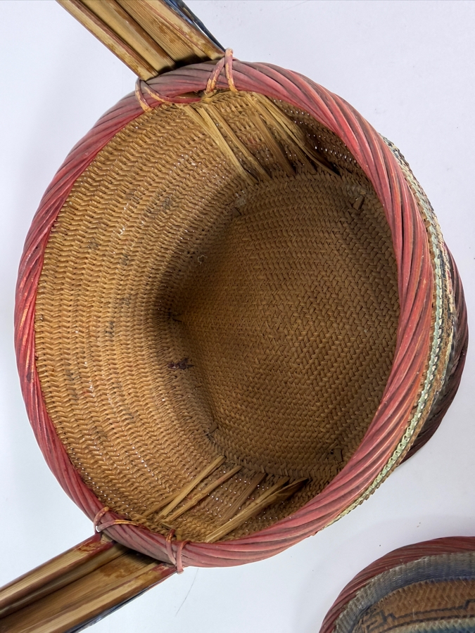 Antique Peranakan Straits Chinese Woven Bamboo Straw Tiffin Wedding Basket Featuring Hand Painted Phoenix And Peonies Motif 13.5'W X 19'H [Photo 15]
