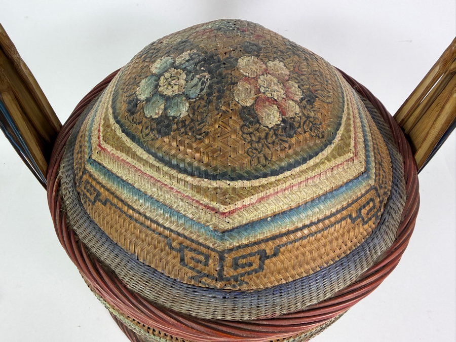 Antique Peranakan Straits Chinese Woven Bamboo Straw Tiffin Wedding Basket Featuring Hand Painted Phoenix And Peonies Motif 13.5'W X 19'H [Photo 4]