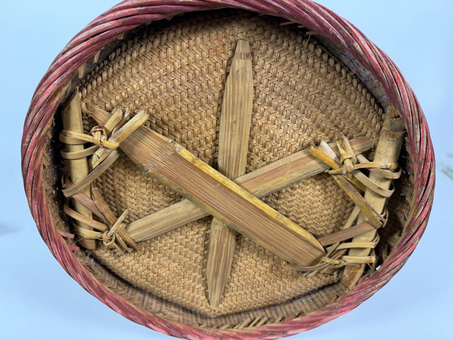 Antique Peranakan Straits Chinese Woven Bamboo Straw Tiffin Wedding Basket Featuring Hand Painted Phoenix And Peonies Motif 13.5'W X 19'H [Photo 12]